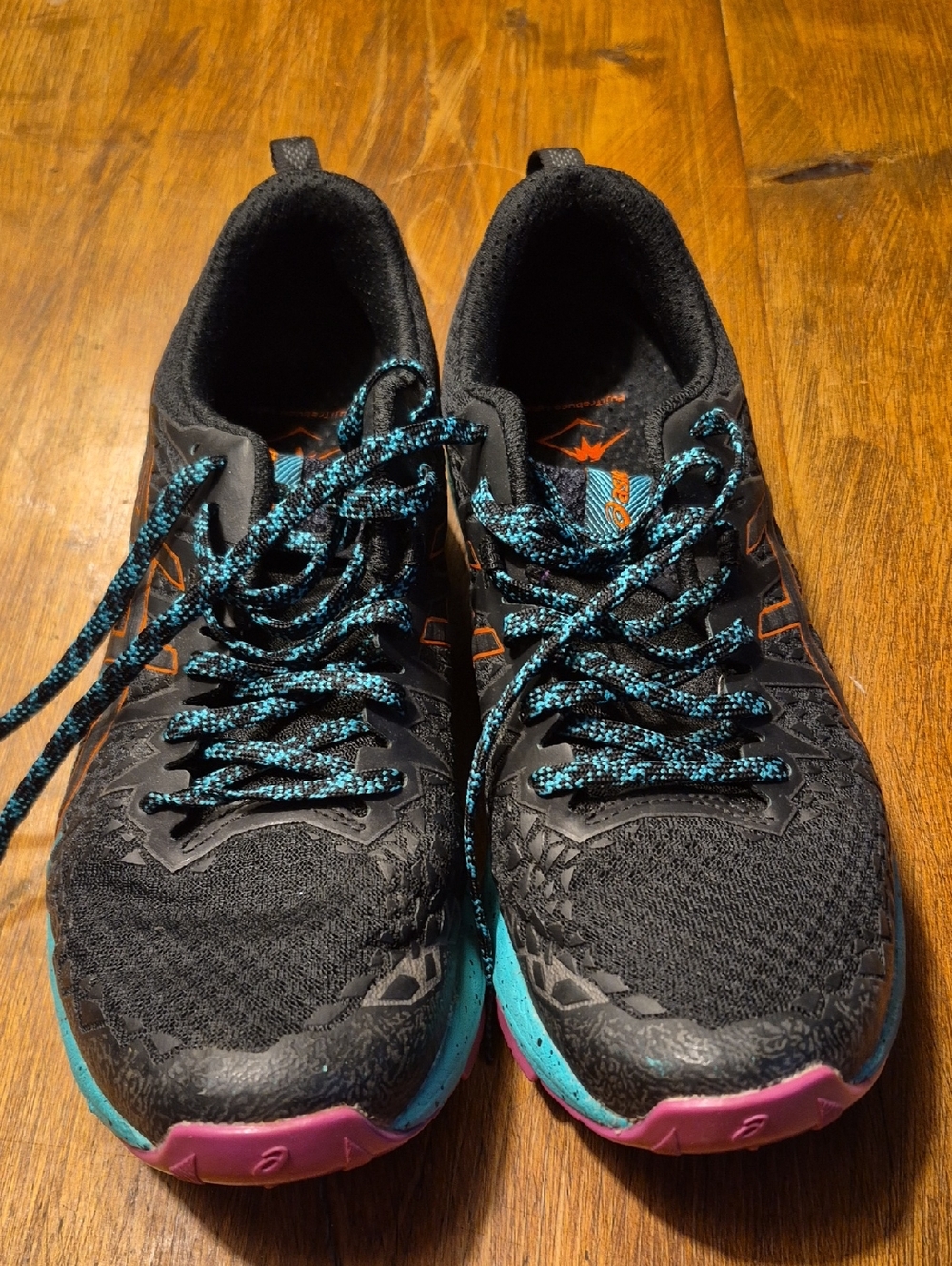 Asics Black Running Shoes with Teal Laces and Pink Outsole